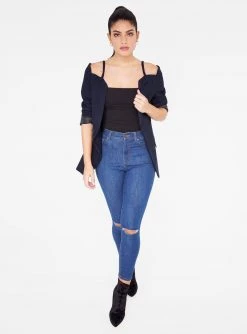 HeyYou Pinstriped Cold Shoulder Blazer Blazers