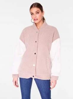 HeyYou Mauve Oversized Faux Fur Varsity Jacket
