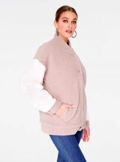 HeyYou Mauve Oversized Faux Fur Varsity Jacket