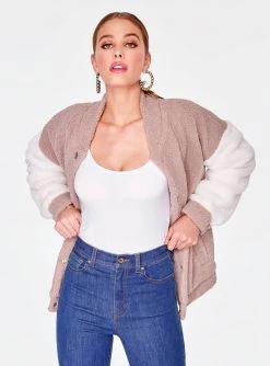 HeyYou Mauve Oversized Faux Fur Varsity Jacket