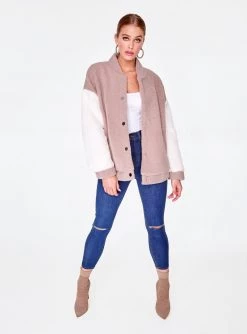 HeyYou Mauve Oversized Faux Fur Varsity Jacket