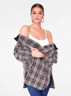 HeyYou Brown Oversized Button Up Tweed Shirt Jackets