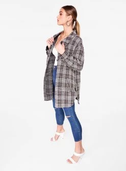 HeyYou Brown Oversized Button Up Tweed Shirt Jackets