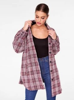 HeyYou Jackets Red Oversized Button Up Tweed Shirt