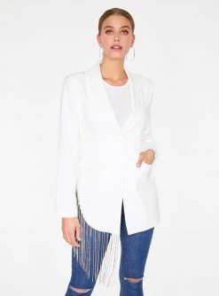 HeyYou Off White Beaded Fringe Asymmetrical Blazer