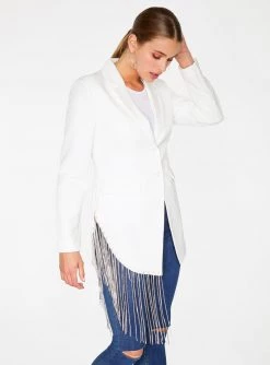 HeyYou Off White Beaded Fringe Asymmetrical Blazer