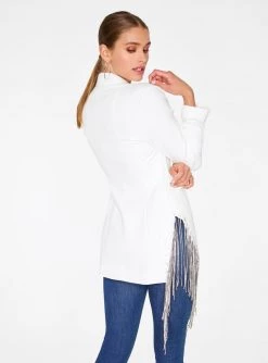 HeyYou Off White Beaded Fringe Asymmetrical Blazer