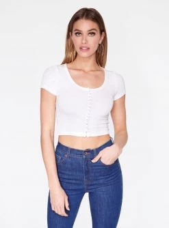 HeyYou Basic Off White Snap Front Ribbed Crop Top Crop Tops