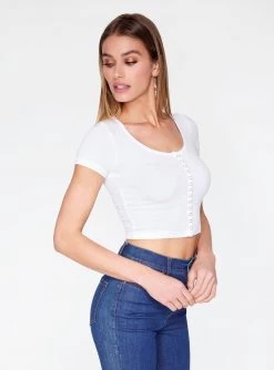 HeyYou Basic White Snap Front Ribbed Crop Top