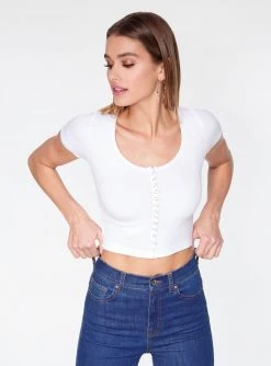 HeyYou Basic White Snap Front Ribbed Crop Top