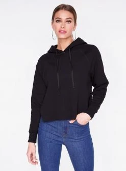 HeyYou Basic Black Long Sleeve Cropped Hoodie Sweatshirts + Hoodies