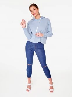 HeyYou Basic Sky Blue Long Sleeve Cropped Hoodie