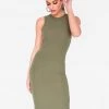 Dresses HeyYou Basic Olive Ribbed Crew Neck Midi Dress 1 Dresses HeyYou Basic Olive Ribbed Crew Neck Midi Dress