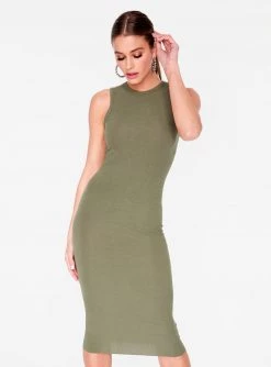 Dresses HeyYou Basic Olive Ribbed Crew Neck Midi Dress
