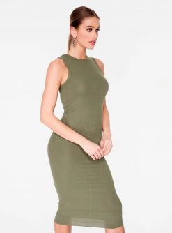Dresses HeyYou Basic Olive Ribbed Crew Neck Midi Dress