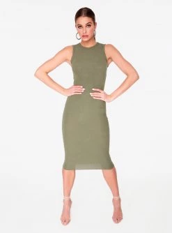 Dresses HeyYou Basic Olive Ribbed Crew Neck Midi Dress