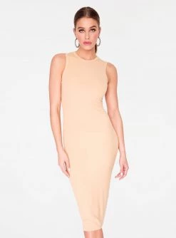 Dresses HeyYou Basic Sand Ribbed Crew Neck Midi Dress