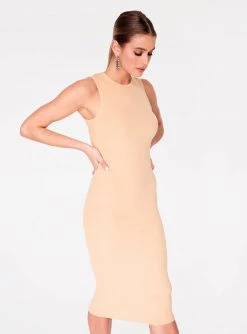 Dresses HeyYou Basic Sand Ribbed Crew Neck Midi Dress
