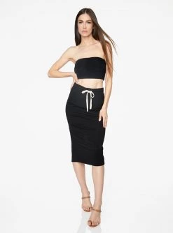 HeyYou Basic Black Drawstring Midi Skirt Skirts