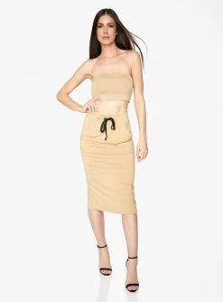 HeyYou Basic Sand Drawstring Midi Skirt