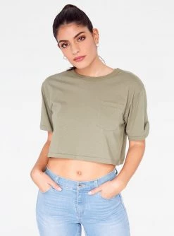HeyYou Basic Cropped Pocket Tee In Olive Crop Tops