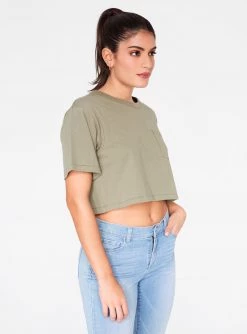 HeyYou Basic Cropped Pocket Tee In Olive Crop Tops