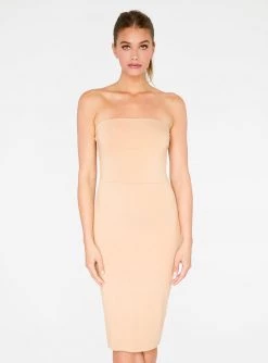 HeyYou Basic Sand Strapless Midi Bodycon Dress Dresses