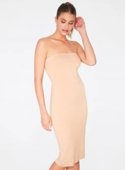 HeyYou Basic Sand Strapless Midi Bodycon Dress Dresses