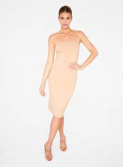 HeyYou Basic Sand Strapless Midi Bodycon Dress Dresses