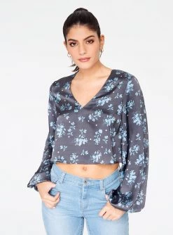 HeyYou Blue Floral Long Sleeve Cropped Blouse