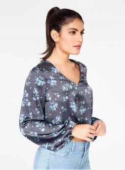 HeyYou Blue Floral Long Sleeve Cropped Blouse