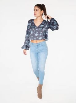 HeyYou Blue Floral Long Sleeve Cropped Blouse