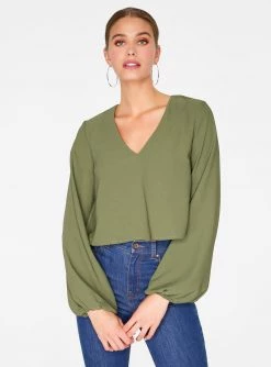 HeyYou Olive Long Sleeve Cropped Blouse