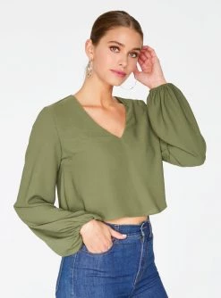 HeyYou Olive Long Sleeve Cropped Blouse