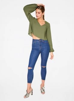 HeyYou Olive Long Sleeve Cropped Blouse