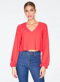 HeyYou Red Long Sleeve Cropped Blouse