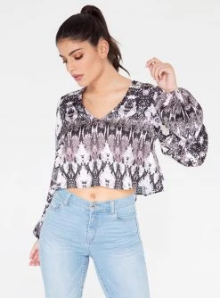 HeyYou Blouses Snake Print Long Sleeve Cropped Blouse