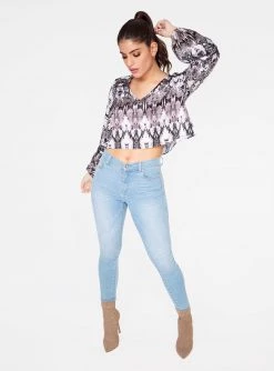 HeyYou Blouses Snake Print Long Sleeve Cropped Blouse