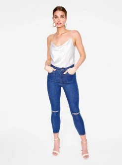 HeyYou Silver Cowl Neck Satin Cami Top Camis