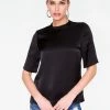 HeyYou High Neck Satin Short Sleeve Top In Black