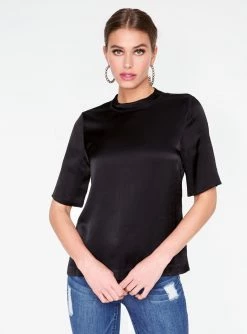 HeyYou High Neck Satin Short Sleeve Top In Black