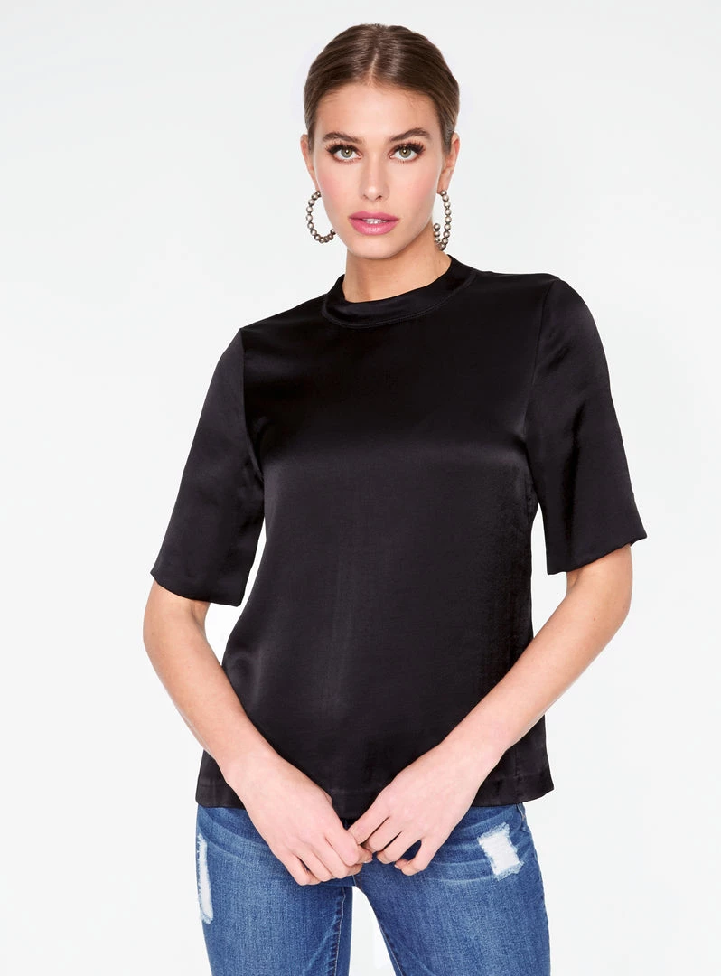 HeyYou High Neck Satin Short Sleeve Top In Black 3 HeyYou High Neck Satin Short Sleeve Top In Black