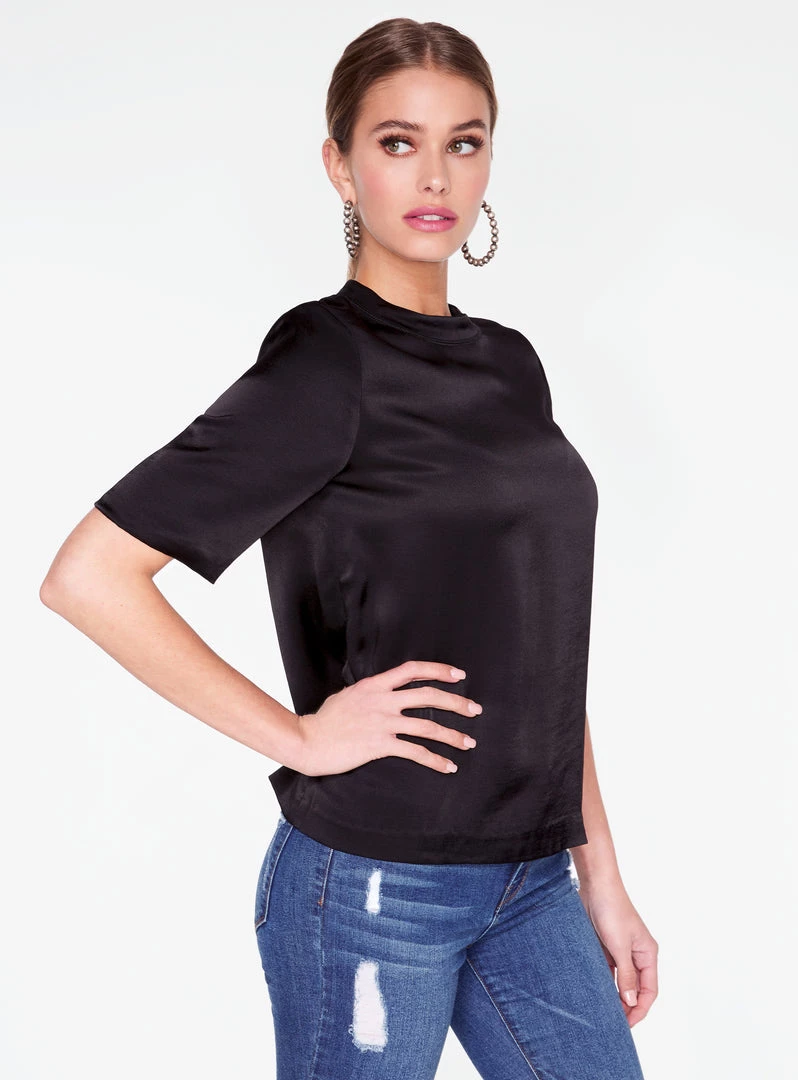 HeyYou High Neck Satin Short Sleeve Top In Black 5 HeyYou High Neck Satin Short Sleeve Top In Black