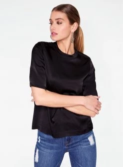 HeyYou High Neck Satin Short Sleeve Top In Black