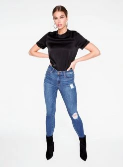 HeyYou High Neck Satin Short Sleeve Top In Black 11 HeyYou High Neck Satin Short Sleeve Top In Black