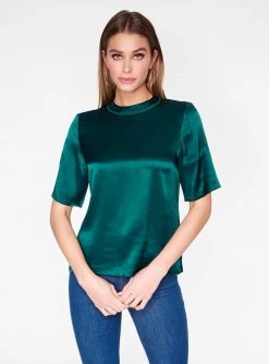 HeyYou Blouses Emerald High Neck Satin Short Sleeve Top