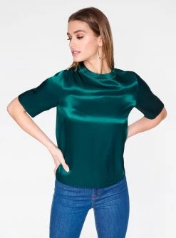 HeyYou Blouses Emerald High Neck Satin Short Sleeve Top