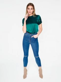 HeyYou Blouses Emerald High Neck Satin Short Sleeve Top
