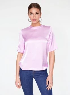 HeyYou Blouses Lavender High Neck Satin Short Sleeve Top