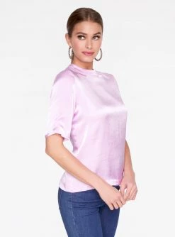 HeyYou Blouses Lavender High Neck Satin Short Sleeve Top